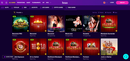 Bao Casino - example of table games